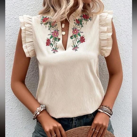 Boho floral print notched neck butterfly sleeve blouse - Picture 4 of 6